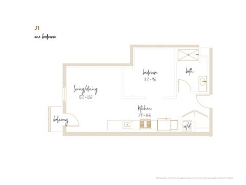 Floor plan for 1 bed, 1 bath, 605 sqft